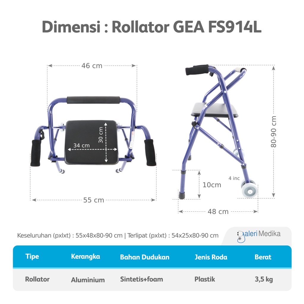 (KHUSUS GOJEK) Alat Bantu Jalan / Alat Latihan Jalan Rollator GEA FS 914 L / FS914L / FS-914L