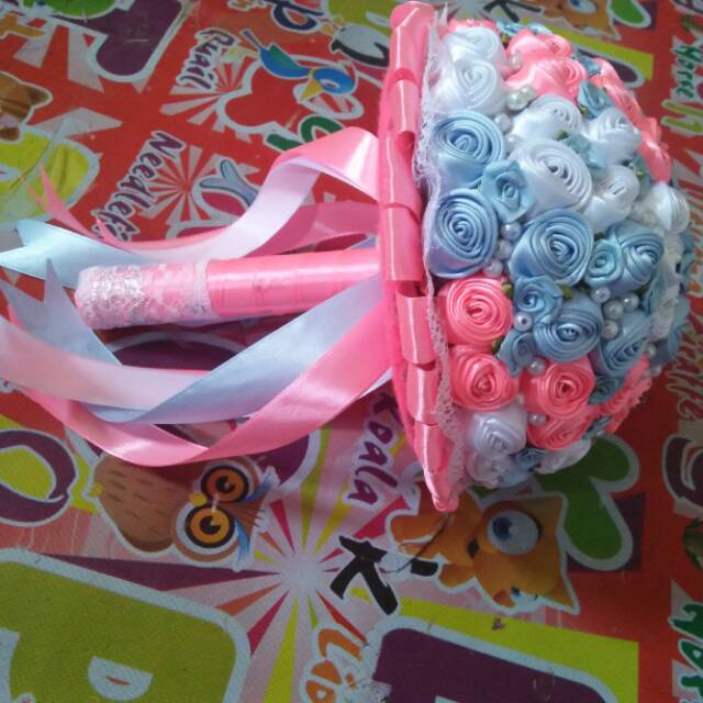Buket bunga pernikahan soft blue, pink, putih.. Bunga tangan pengantin