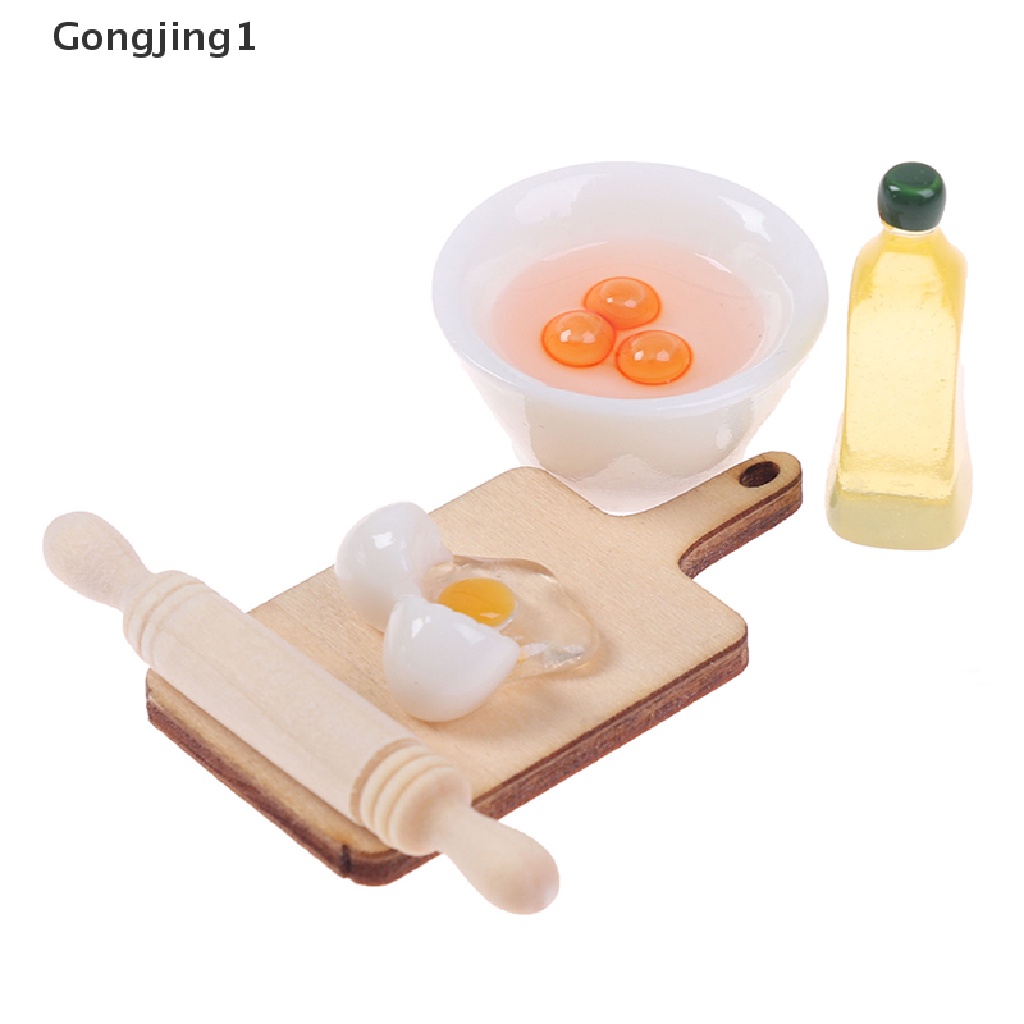 Gongjing1 Mainan Miniatur Mangkok + Telur + Rolling Pin + Minyak Zaitun Skala 1: 12 Untuk Aksesoris Dapur Rumah Boneka