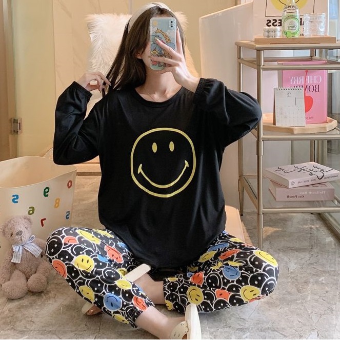 AJW Shop Setelan Wanita Import Joger | Setelan Baju Tidur Wanita | Piyama Wanita-Smile Hitam