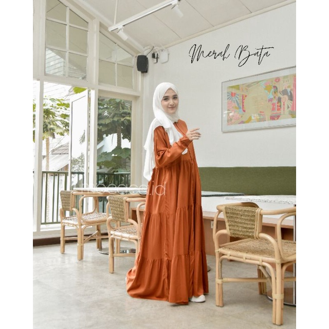 Gamis polos premium Babydoll Lady Dress Rayon Twill Armany Full Kancing busui orange merah bata oren