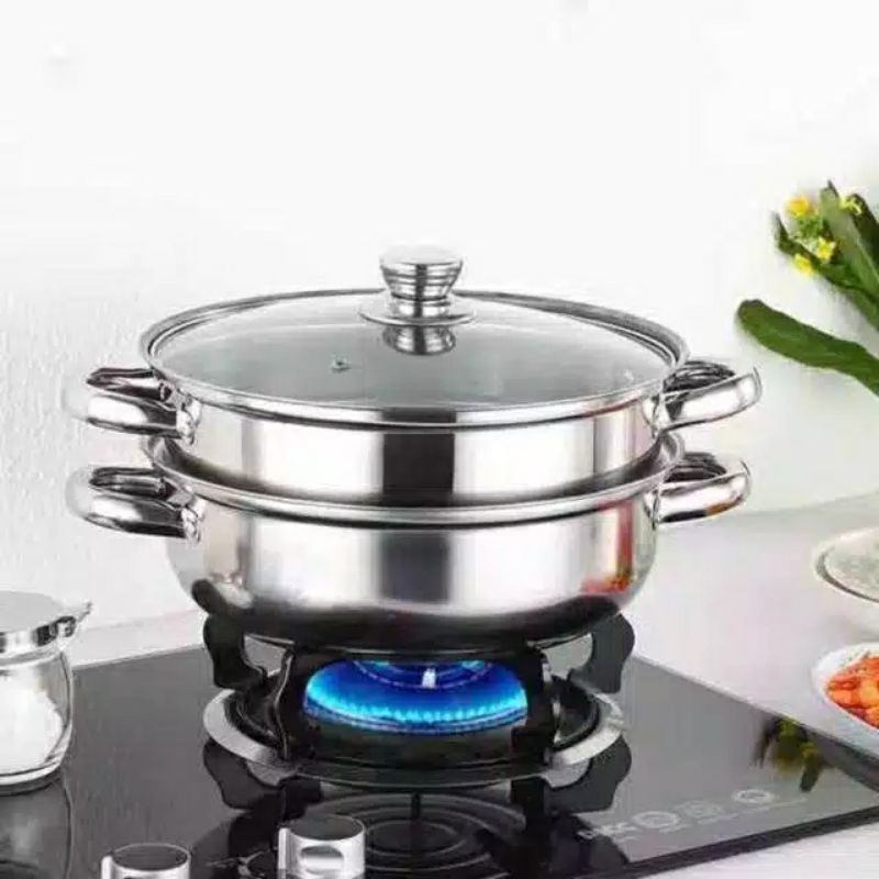 [BISA COD] Panci Kukus 2 susun Kukusan Double Stainless Steel Steamer Pan Dandang 2 layer cooking pot 2in1