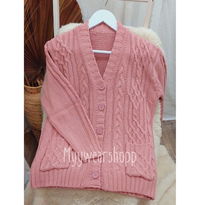 CABLE CARDY kardigan rajut kepang jumbo wanita panjang cardigan kancing oversize tebal terbaru impor-PINK