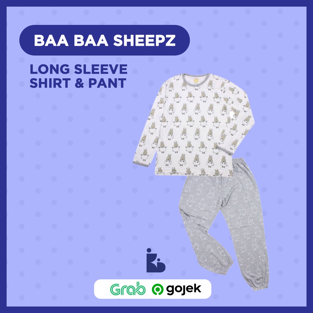 Baa Baa Sheepz Long Sleeve Shirt &amp; Pant - Small Sheep White/Big Sheep Grey | Setelan Baju Anak | Setelan Atas Bawah | Setelan Motif