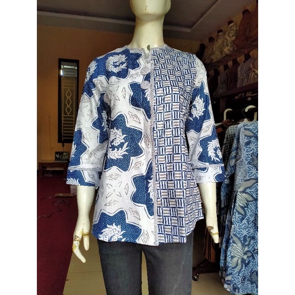 tey-17 Batik wanita ASJ SA HRB026 Kenongo Kemeja Tosca Pendek-Dapel biru