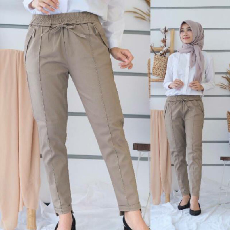 Celana Wanita Baggy Pants Pinggang Karet Bahan Premium Twill Stretch Tebal | Celana Panjang