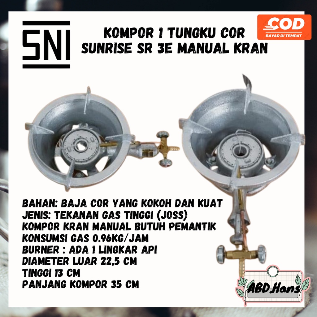 (ABD) Peralatan Rumah Tangga Kompor 1 Tungku Cor Sunrise SR 3e Manual Kran SNI Low Pressure Tekanan 