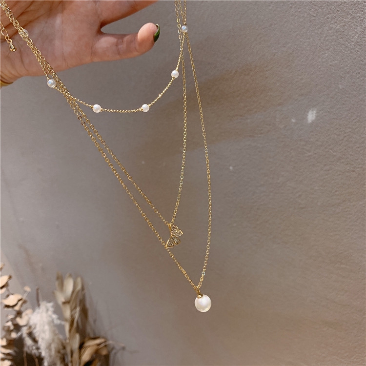 XiaoboACC Korean Fashion Three-layer Pearl Zircon Butterfly Pendant Necklace