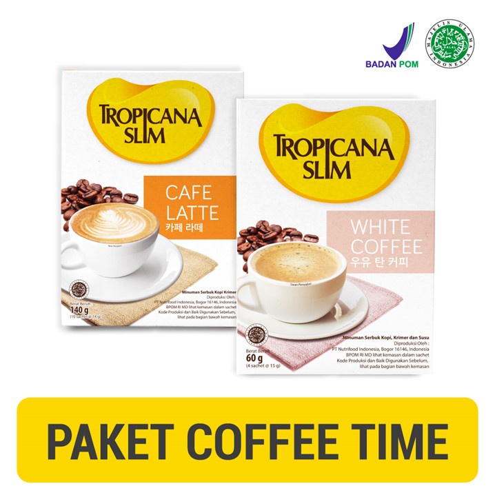 

Paket Coffee Time - Tropicana Slim Cafe Latte + Tropicana Slim White Coffee - Kopi Bebas Gula