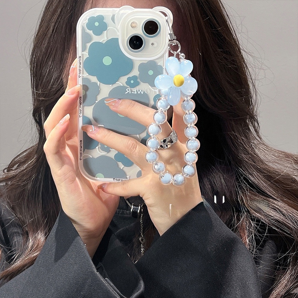 Soft Case Silikon Motif Bunga / Beruang Untuk Compatible for iPhone 14 13 12 11 Pro Max X Xr Xs Max SE 2020 8 7 6 6s Plus handphone Case murah Blue-gray Flower Phone Case Bear Ears All-inclusive Lens Clear Silicone Shockproof Phone Back ChainCasing Cover