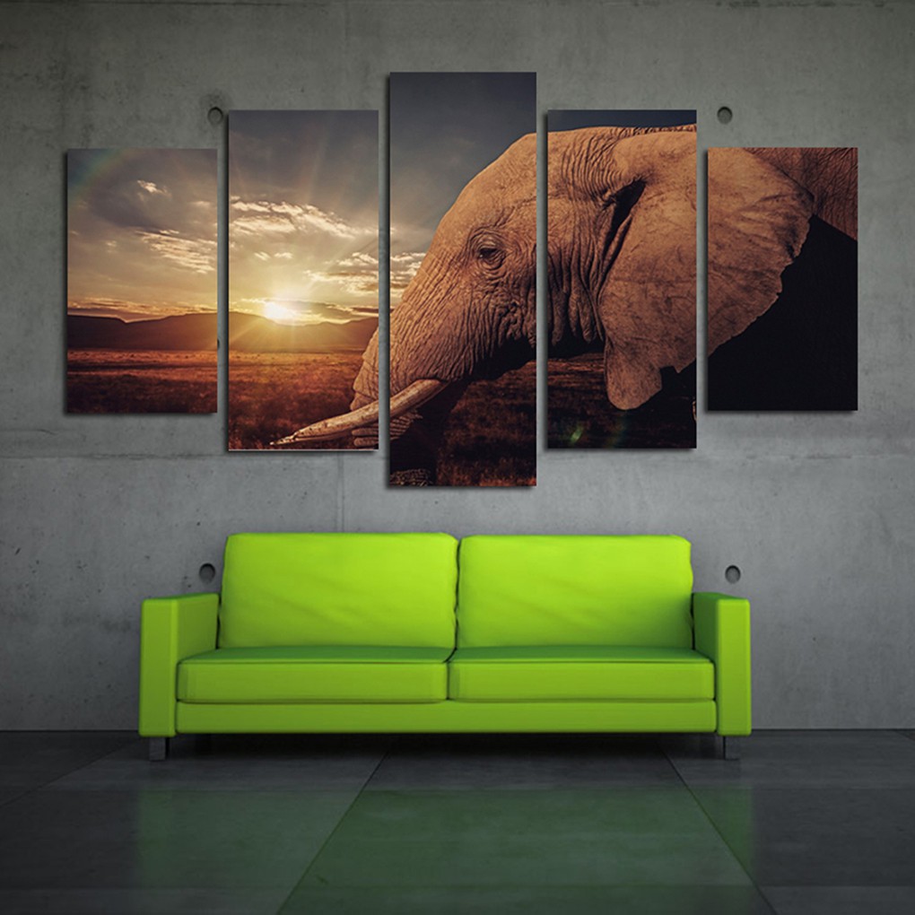 Lukisan Dengan Model 5 Panel Dan Gambar Pemandangan Gajah Untuk