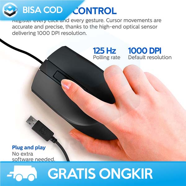 MOUSE OPTICAL WIRELESS USB PHILIPS DESAIN ERGONOMIS ANTI LAG 1000 DPI