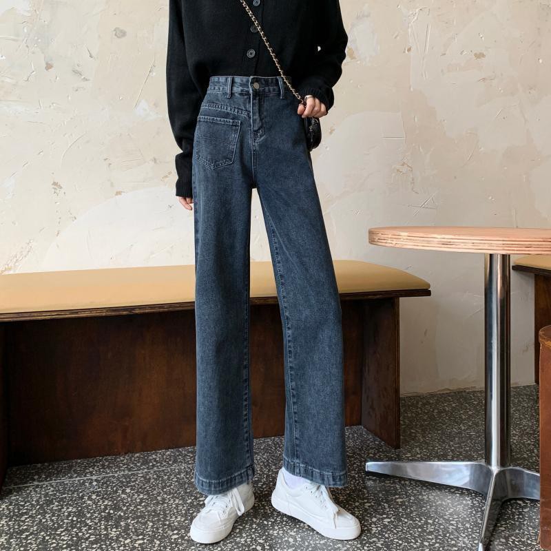 celana jeans wanita high waist celana panjang straight pants Korean style loose