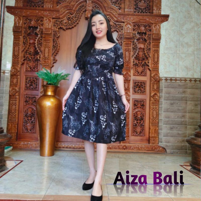 Dress Daster Sabrina Pendek Motif Bunga Matahari Lengan Pendek Rayon Super Premium Bali Terbaru Keki