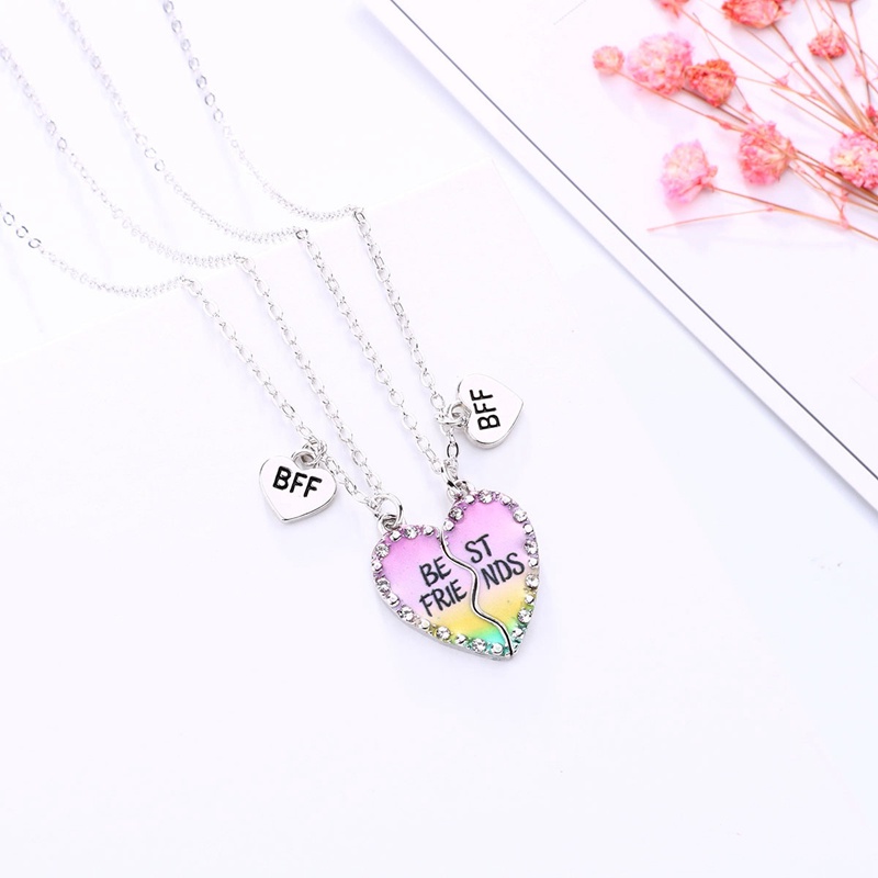2pcs / Set Kalung Rantai Liontin Hati Motif Tulisan Best Friends Aksen Berlian Imitasi Untuk Wanita