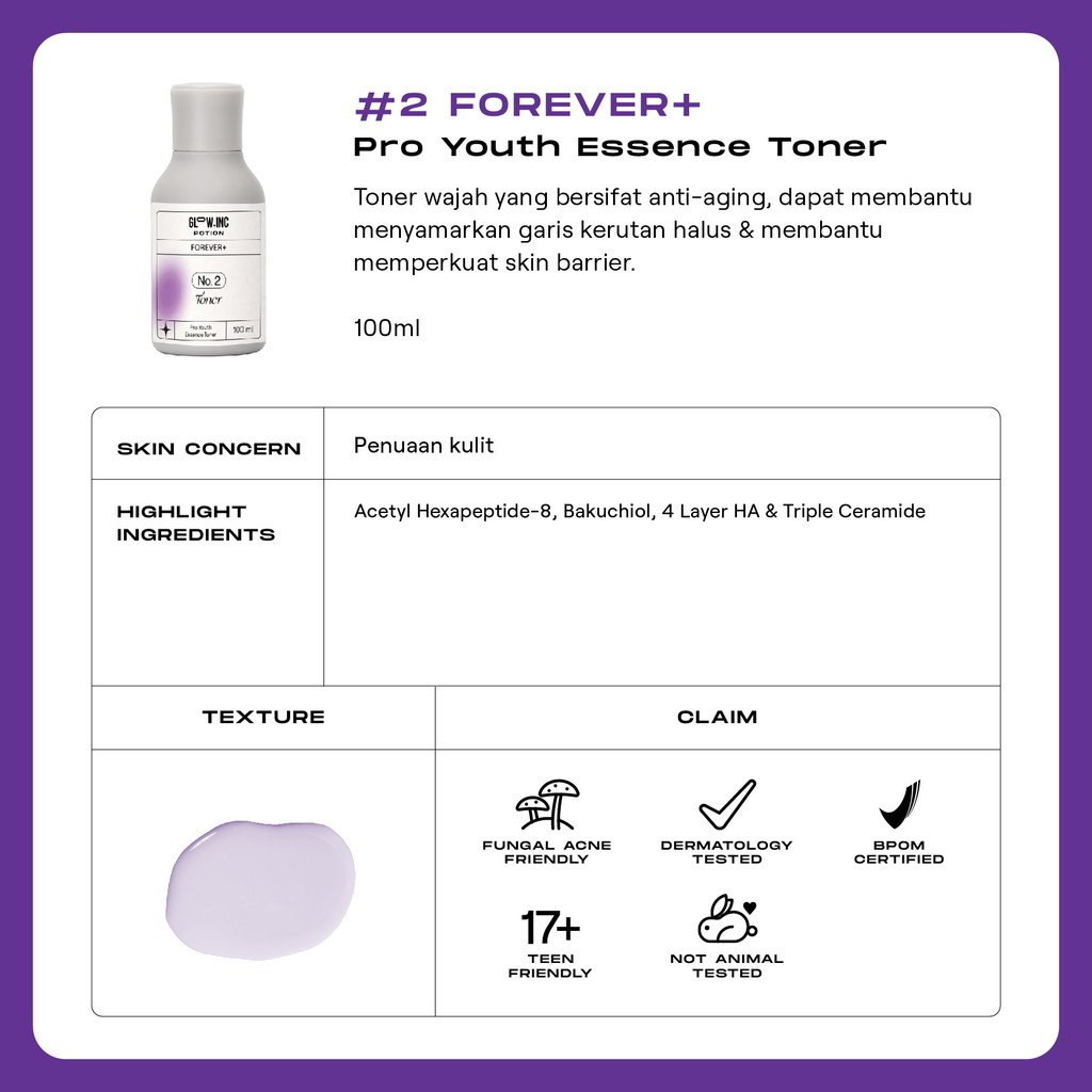 GLOWINC POTION FOREVER+ Pro Youth Low pH Cleanser Toner Serum Moisturizer - Anti Aging