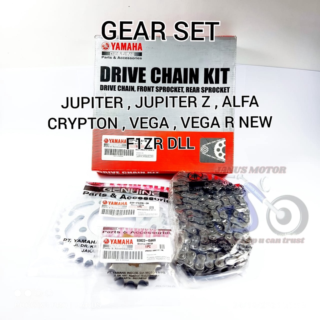 GEAR SET JUPITER Z YAMAHA VEGA R NEW ALFA F1ZR CRYPTON GIR RANTAI GIGI TARIK DEPAN BELAKANG KOMPLIT 