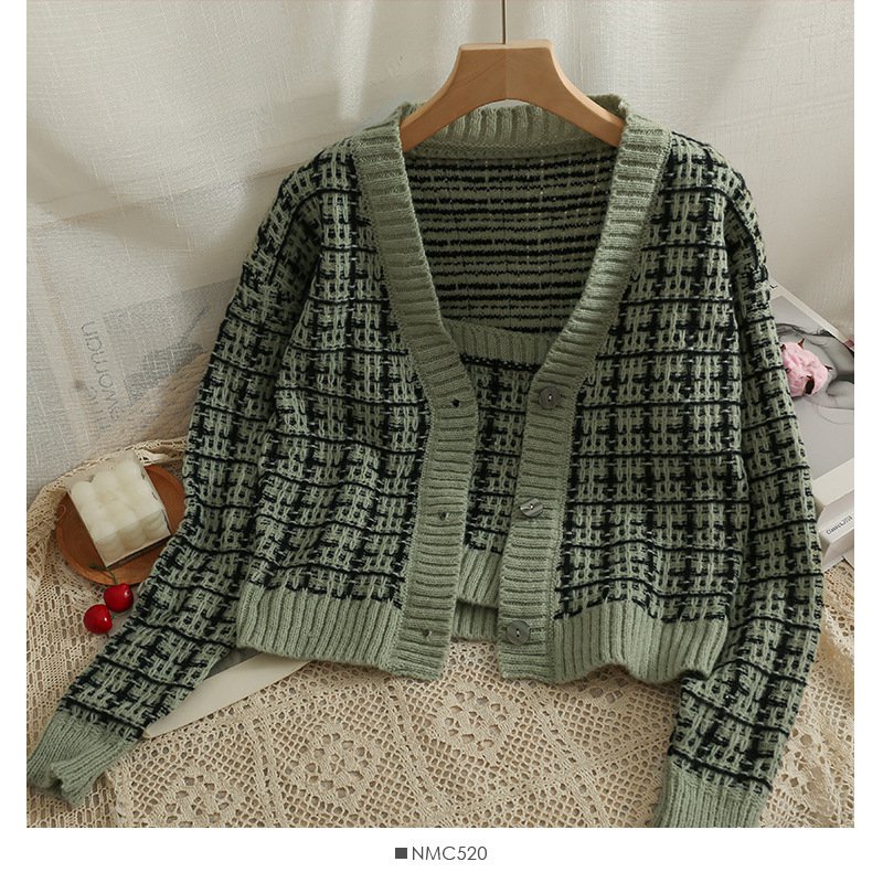 #Sisjuly# Pakaian Rajut Wanita Baru Kotak-kotak Pendek Lengan Panjang Rajutan Dua Potong Jaket Pakai