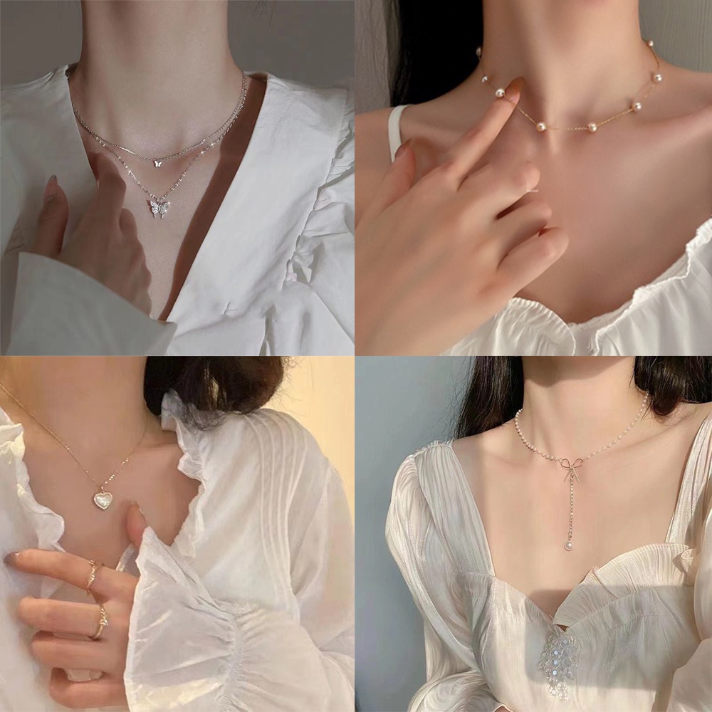 IFYOU Kalung Choker Desain Hati Butterfly Aksen Mutiara Gaya Korea Untuk Wanita