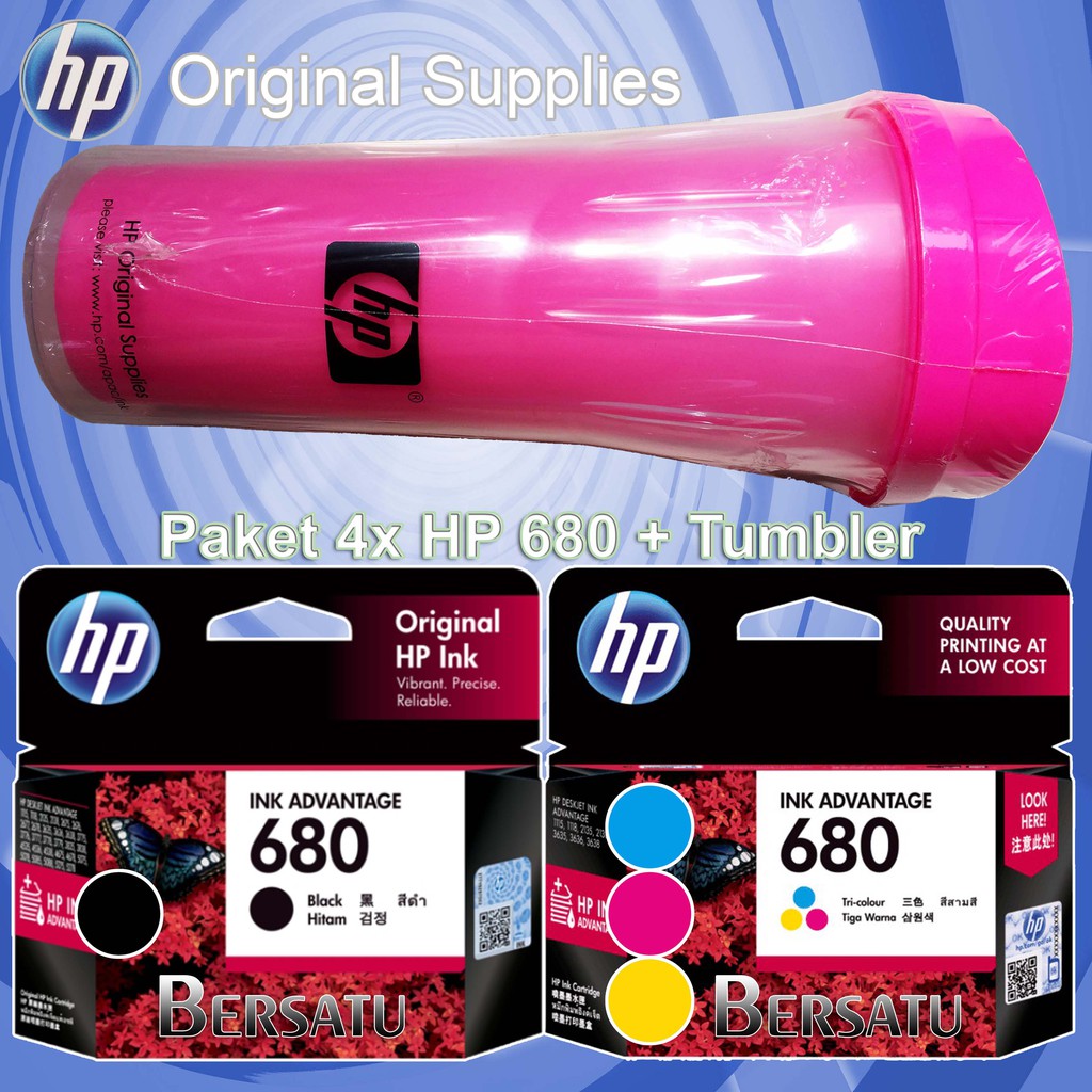 Paket ⑷ Catridge HP 680 Original ∮ Black &amp; Color Bonus ★ 1 Tumbler Double Wall Ori HP Eksklusif ♕