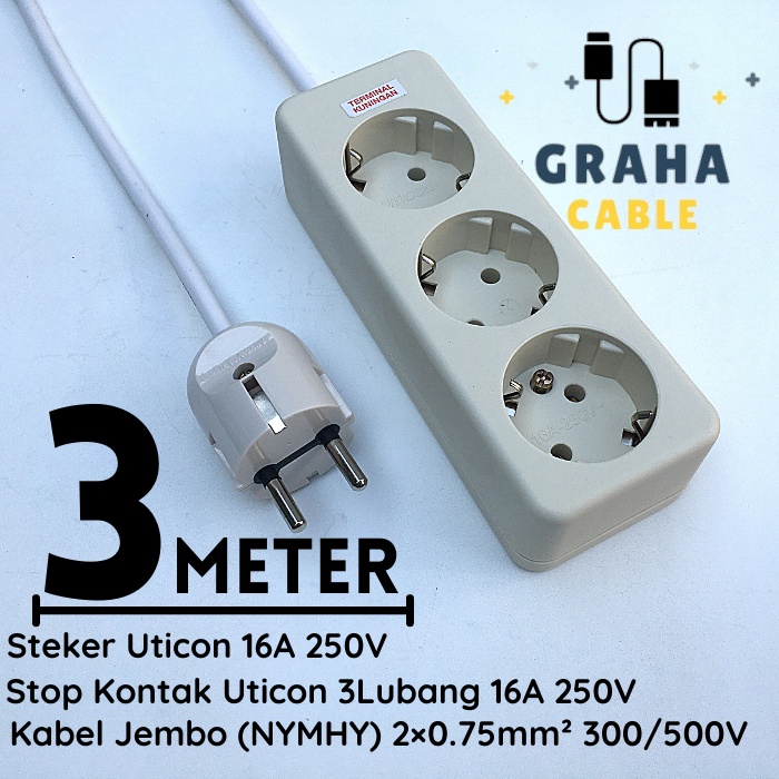 Kabel Sambungan Listrik Stop Kontak 3 Lubang 3 Meter UTICON