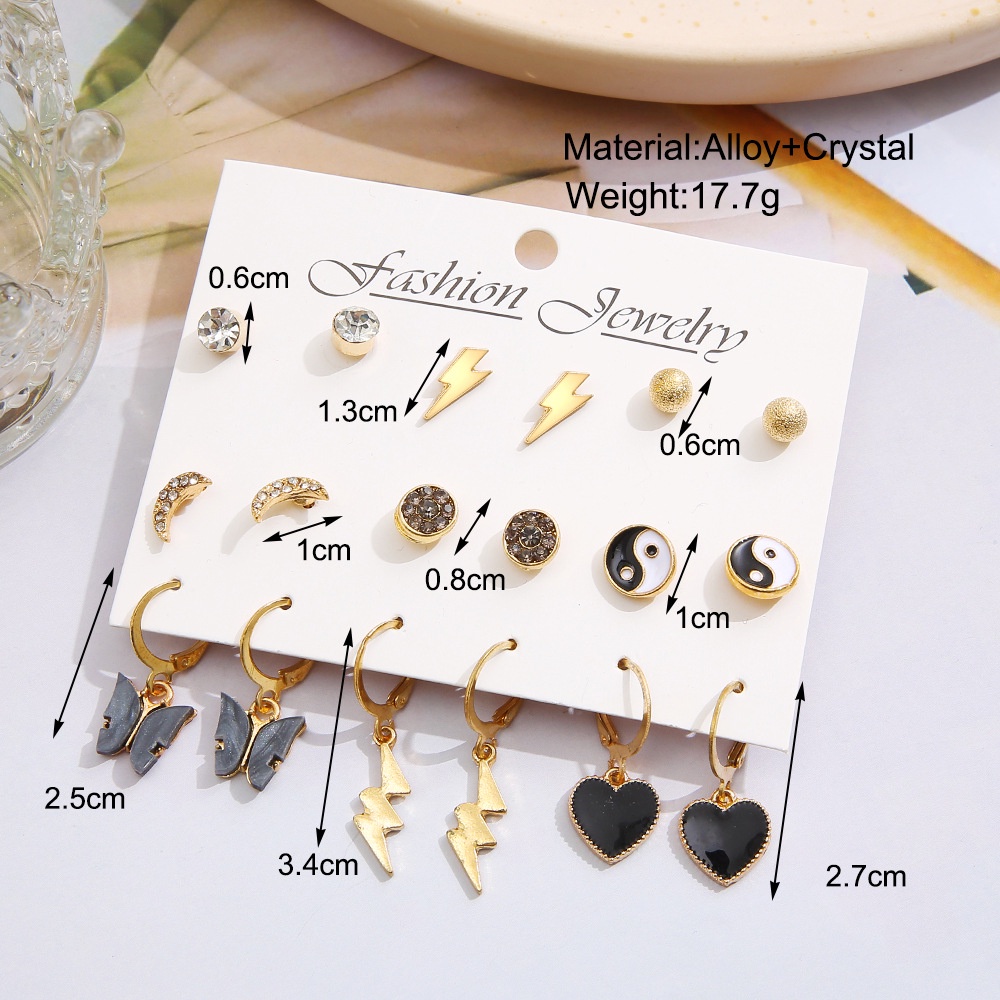 9 Pasang / Set Anting Tusuk Bentuk Bulat / Bulan / Hati Hitam / Kristal Untuk Perhiasan Wanita