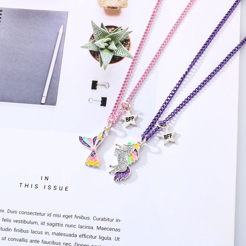 2pcs / Set Kalung Rantai Liontin Unicorn Mermaid Untuk Sahabat