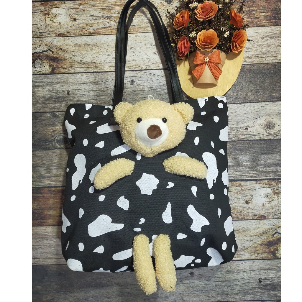 Tas Tote Bag Bahu Shoulder Ukuran Besar Kanvas Motif Boneka Beruang Bear Lucu Impor 2038#