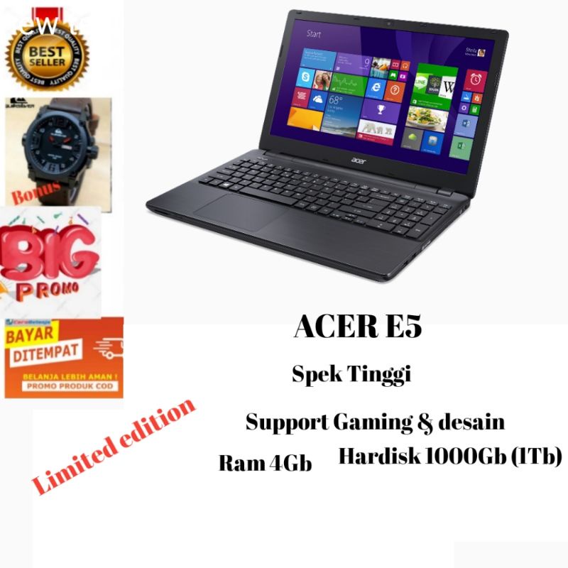 Laptop second GAMING ACER ASPIRE E5/Ram4Gb/Hardisk 1000Gb(1Tb) /windows 10/Layar 15,6 in/normal lanc