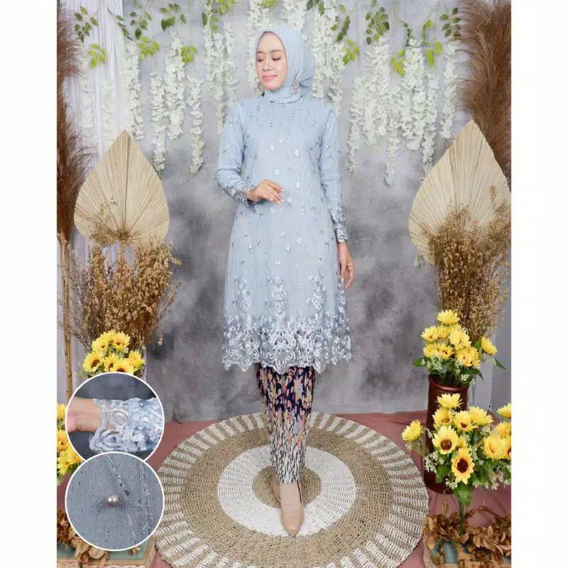 Tunik Tulle /Kebaya Tunik Bordir/Kebaya Modern/Kebaya/Kebaya Kondanagn/Baju Kebaya-Baby blue