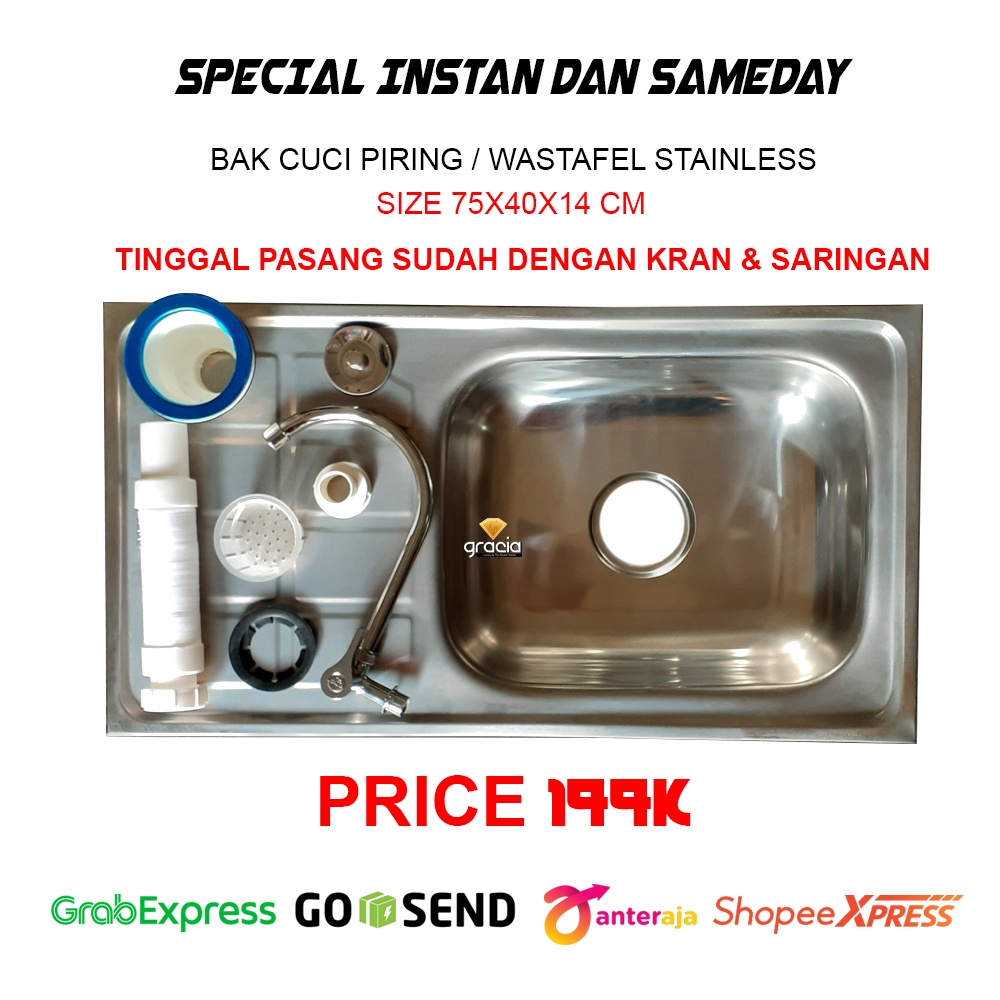 Bak Cuci Piring Stainless 1 Lubang / Promo wastafel stainless SET TINGGAL PASANG Ukuran 96 / 75 / 50