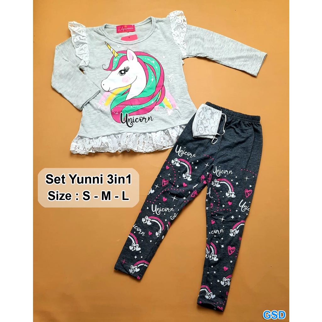 Set Yunni 3in1/ Pakaian Anak Perempuan Usia 1-3 Tahun / Baju dan Celana Legging / Gratis Masker/ Setelan Kaos Anak Motif Kartun Best Seller