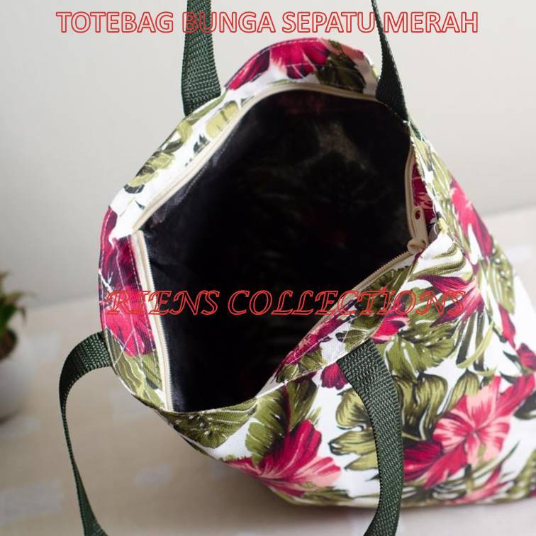 TOTEBAG KANVAS MOTIF BUNGA SEPATU MERAH Riens Collections. Tas Kanvas Tas Jogja Tas Souvenir Jogja