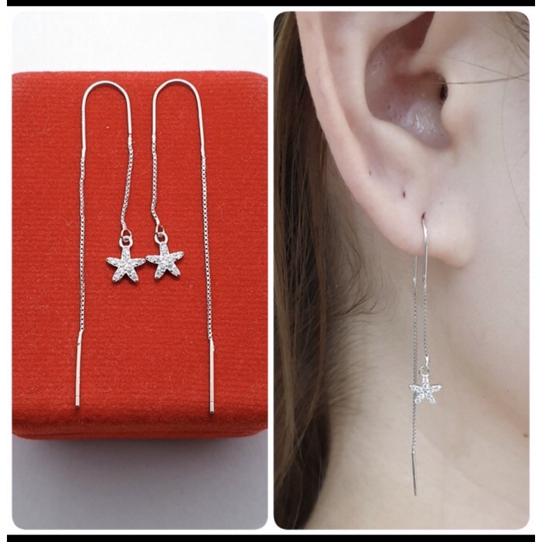 Anting tusuk anting panjang bintang anting sulam anting cewek perak 925 lapis emas putih