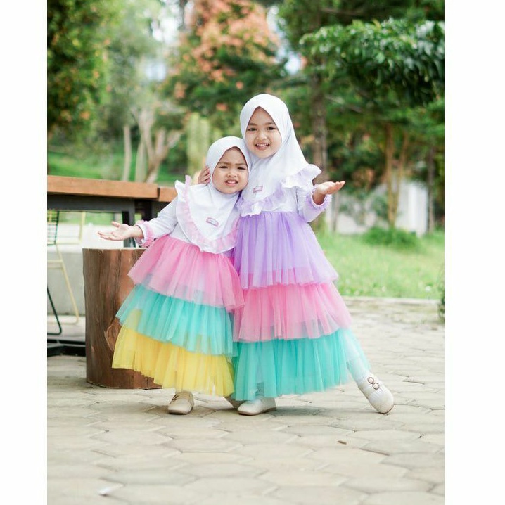 AYUMI RAINBOW GAMIS ANAK SET HIJAB TULE TILE SUSUN 3 WARNA WARNI