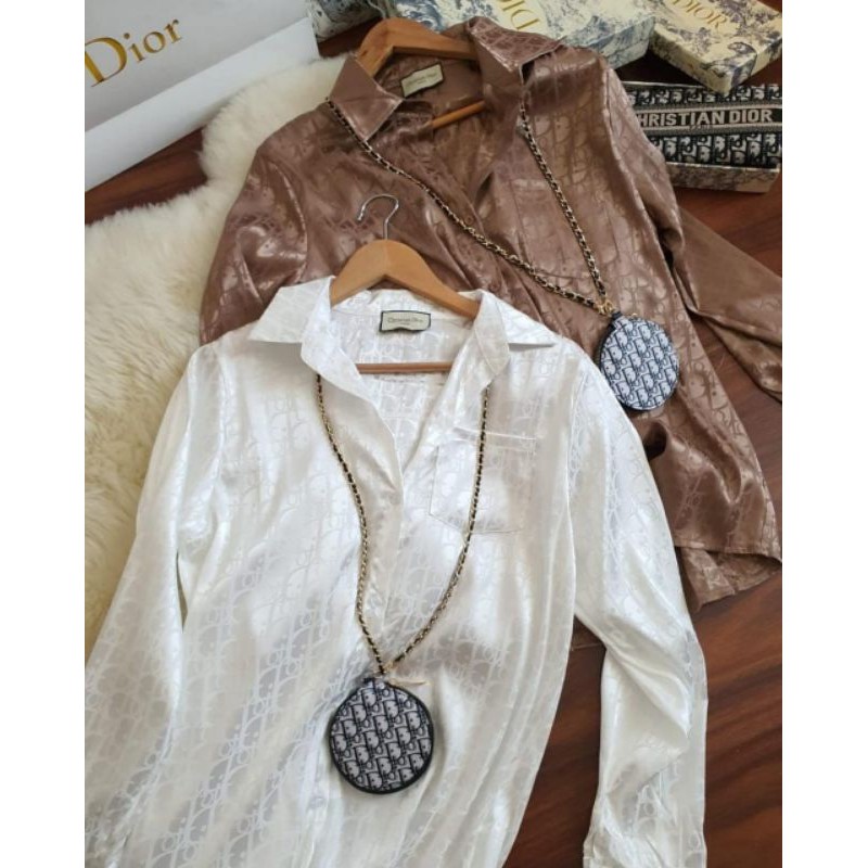 kemeja lv dior silk satin with pocket necklace