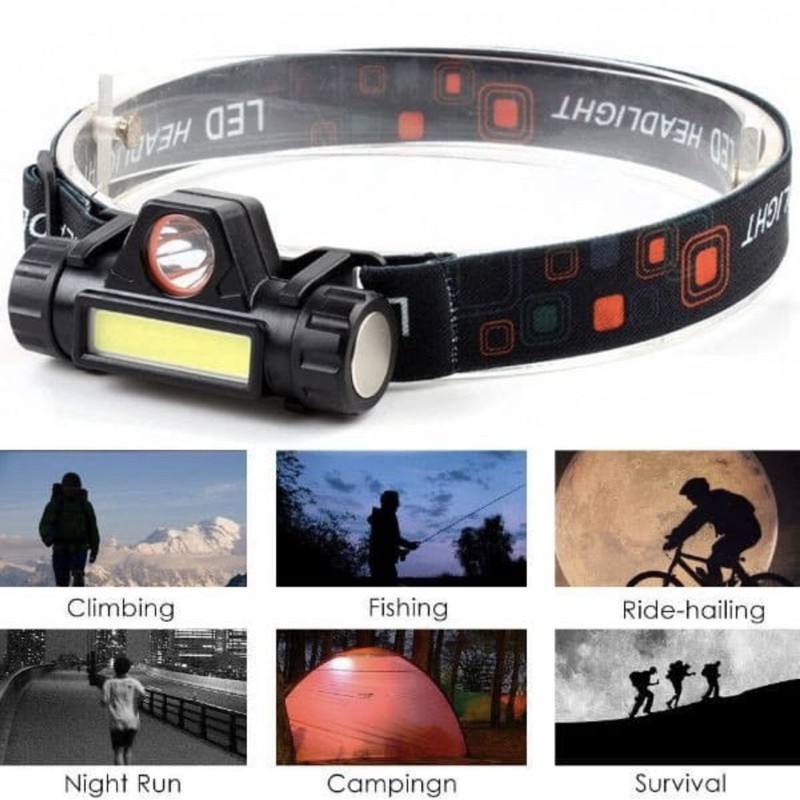 Headlamp LED Cree Q5 + LED COB Headlight Senter Kepala Emergency Darurat Camping Hiking