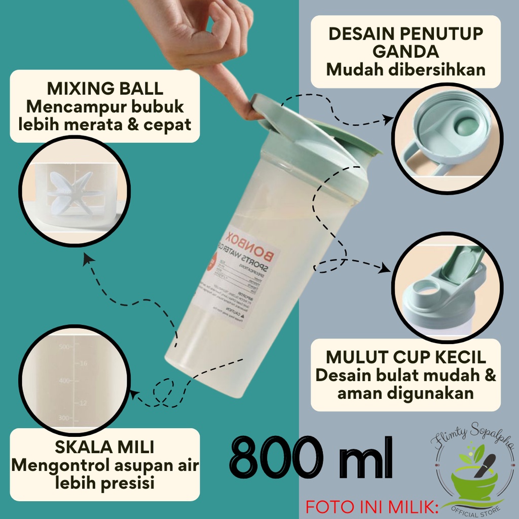 Botol Minum Shaker Premium Mixing Ball 800ml Travel Minimalis Estetik Portable Bahan Food Grade Skala Presisi Desain Penutup Ganda