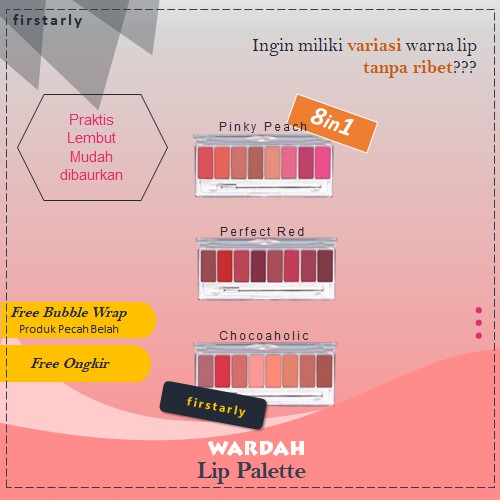 WARDAH Make Up Lip Palette Makeup 8in1 Pinky Peach, Perfect Red, Chocoaholic Wardah 10 gram