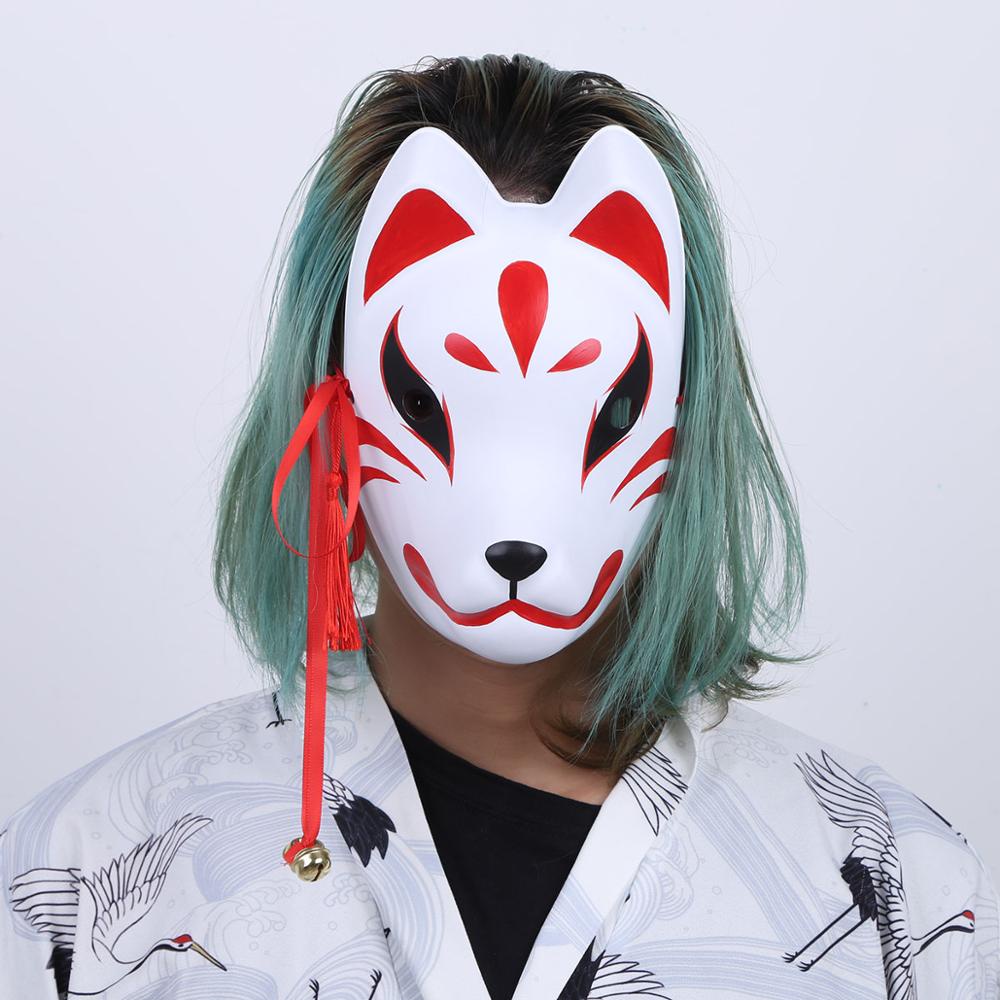 P Prettyia novità in Stile Giapponese Unisex Fox Mask Mezza Faccia PVC Campane Tassels Halloween Cosplay Costume Accessorio del Partito Design Bianco 