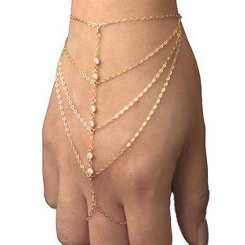 Womens Slave Chain Finger Bangle Hand Harness Bracelet cubic zirconia GOLD