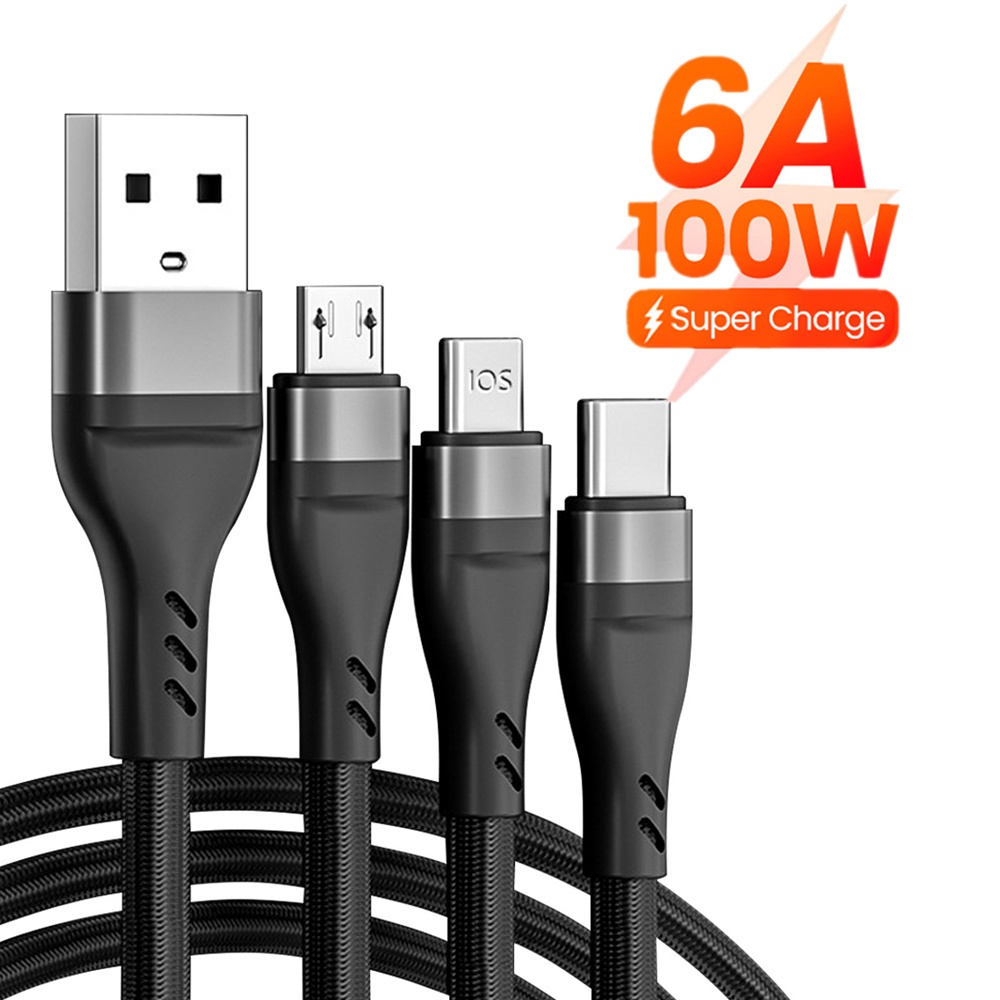 3 In 1 Kabel Data / Charger Micro USB / Tipe C / 6A 100W Fast Charging Untuk Smartphone