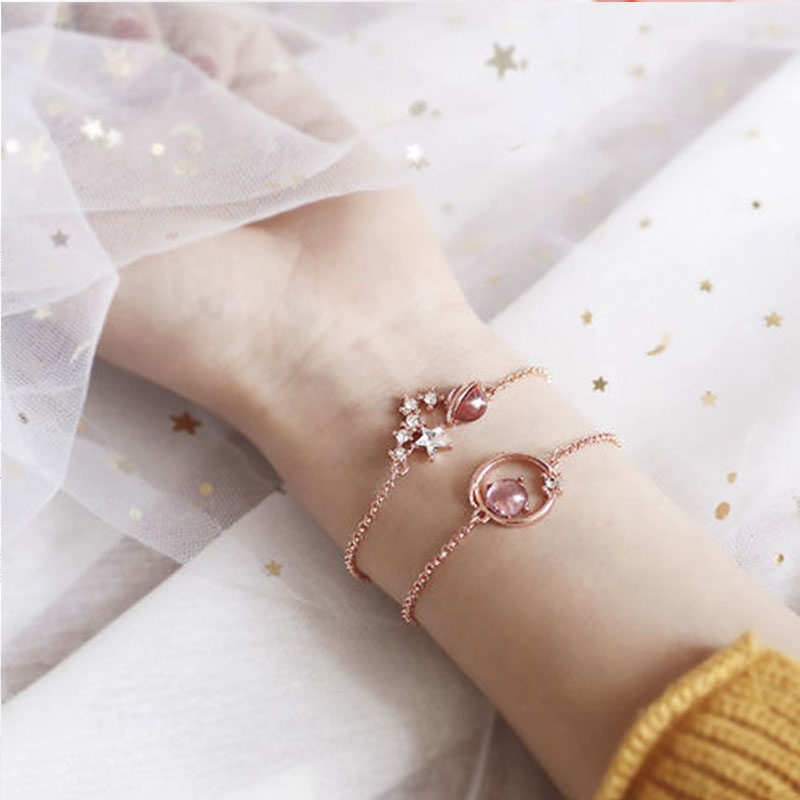 Korea Fantasy Starry Sky Universe Star Key Pink Cat Eye Gelang Fashion Mahasiswa