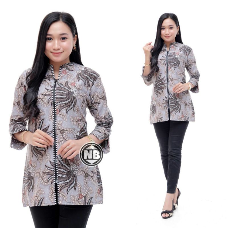 tey-17 Batik wanita ASJ SA HRB026 Kenongo Kemeja Tosca Pendek-Zper gdang abu