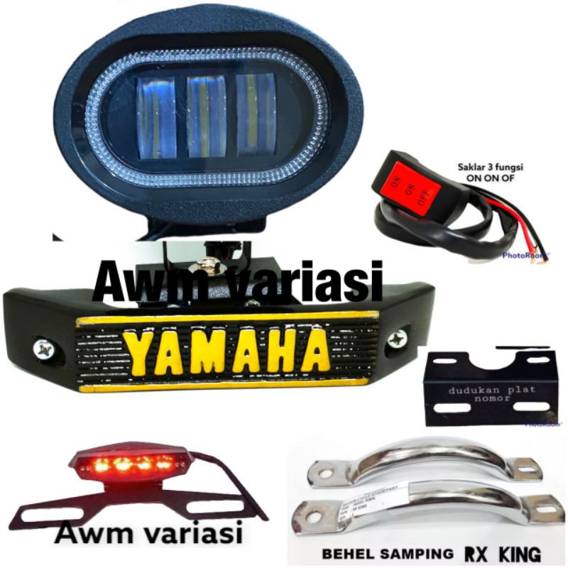 paket super ganteng yamaha rx king new dan tua kumis lampu owl 3 lensa ring biru/merah komplit sama breket nya