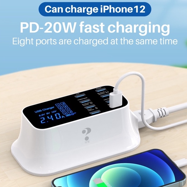 USLION Charger 8 Port USB Station USB Type C + Type A 8 Port Charger center 8 Port Led Display Quick Charge 4.0 USB C Charger PD 20W Multi USB Charging Station Adapter Phone For xiaomi huawei samsung Quick Charge 3.0 Led Display USB Charger For Android