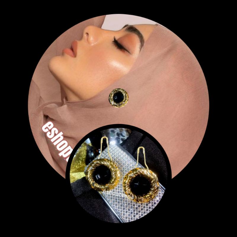 A165 anting hijab bulat mata besar hitam gold_anting jilbab