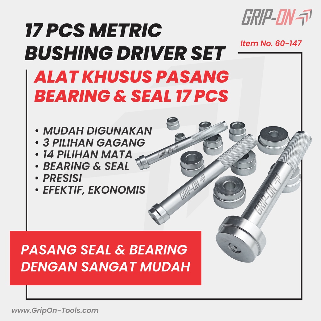 Original GRIP-ON METRIC BUSHING DRIVER SET 17-PC LEPAS PASANG BUSHING SEAL DRIVER 17 PCS 60-147