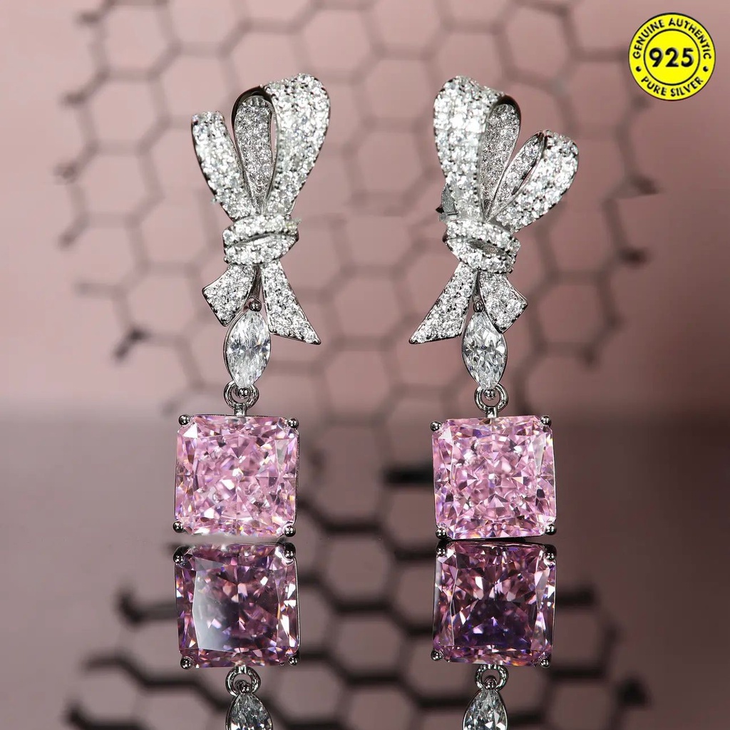 Anting Tusuk Gantung Bahan Sterling Silver 925 Desain Bunga Hias Berlian Pink Untuk Wanita