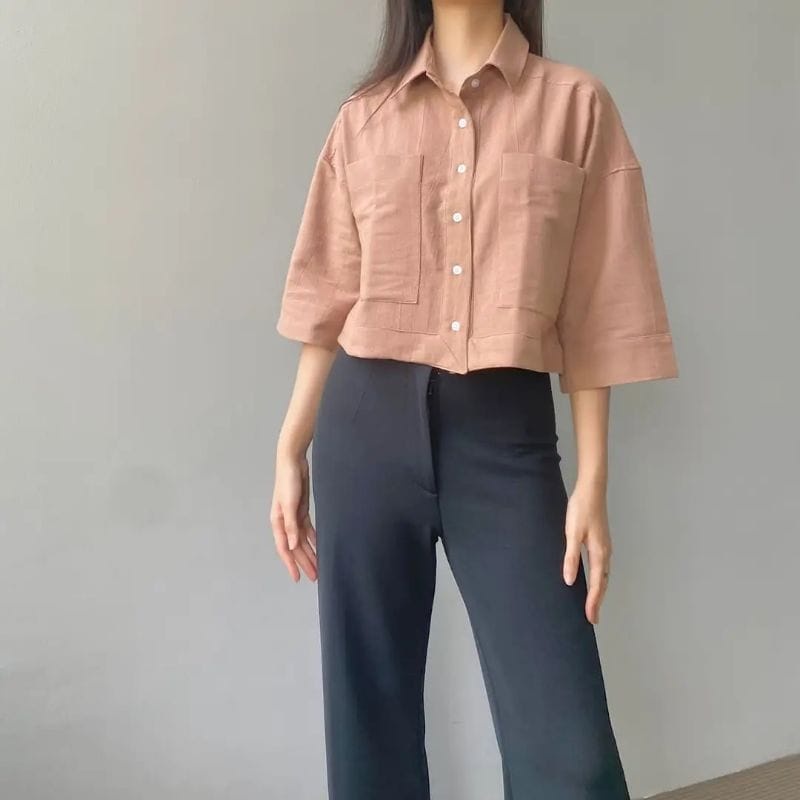 Vira -Kemeja Crop Linen Cringkle - Outer Crop Linen Cringkle - Atasan wanita - Pakaian wanita - Kemeja Wanita